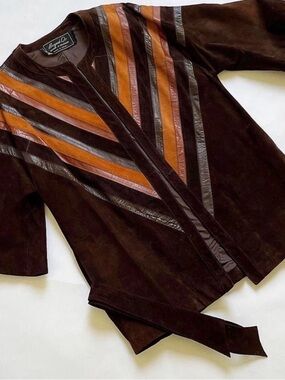 Free People 1970s AuthenticVintage Brown Suede Jacket with Leather Stripe Inlays